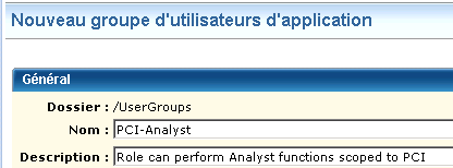 Attribuez au nouveau groupe d'utilisateurs d'applications un nom décrivant le rôle de manière explicite, "PCI Analyst" par exemple.