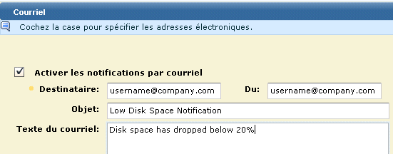 Ecran affichant les options de courriel pour l'alerte d'action.
