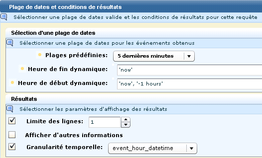 Ecran indiquant les conditions de plage de dates pour le job d'alerte d'action.