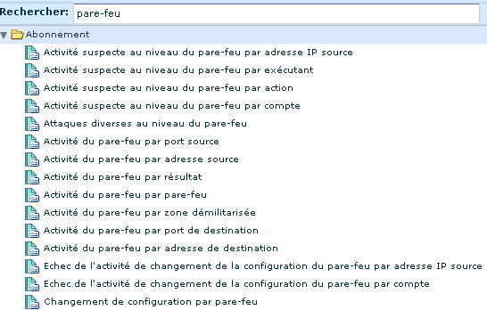 Liste de rapports - Affichage de la recherche pour les rapports de pare-feu