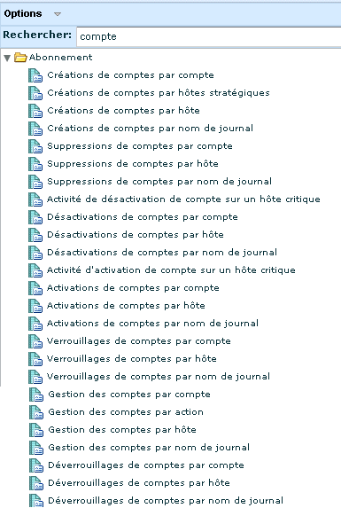 Liste de rapports - Affichage de la recherche pour les rapports de compte