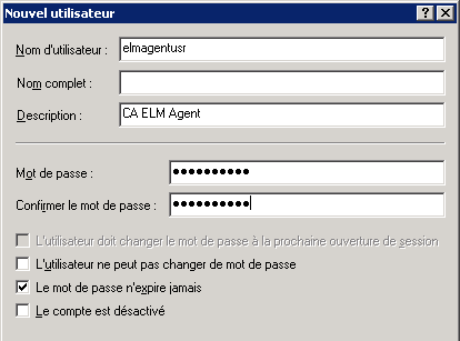 Boîte de dialogue Windows Nouvel Utilisateur