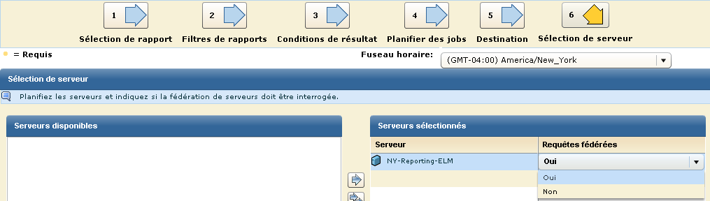 Dans l'assistant de planification de rapports, étape Sélection de serveur, sélectionnez Oui pour la requête fédérée.