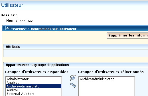 Placez AdministrateurArchive dans la zone Groupes d'utilisateurs sélectionnés.