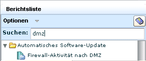 Detail der Berichtsliste mit angezeigtem Bericht "Firewall-Aktivität nach DMZ"