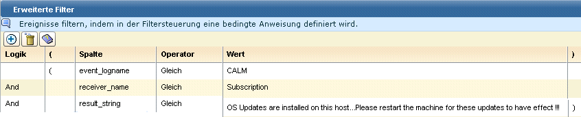 Ereignis_Protokollname Gleich CALM UND Empfänger_Name Gleich Automatisches Software-Update UND Ergebnis_Zeichenkette Gleich "Auf Host werden Updates des Betriebssystems installiert. Starten Sie den Computer neu, damit diese Updates wirksam werden."
