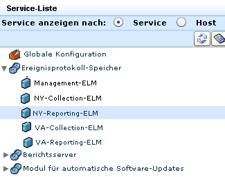 Der Ereignisprotokollspeicher listet den NY-Erfassungs-ELM, den NY-Berichts-ELM, den VA-Erfassungs-ELM und den VA-Berichts-ELM auf, wobei der NY-Berichts-ELM ausgewählt ist.