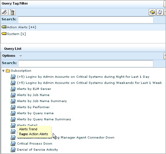 Queries tagged with action alerts appear in query list when you select the action alerts tag.