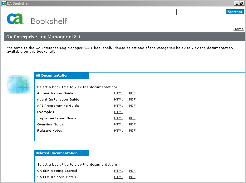 The CA Enterprise Log Manager bookshelf.