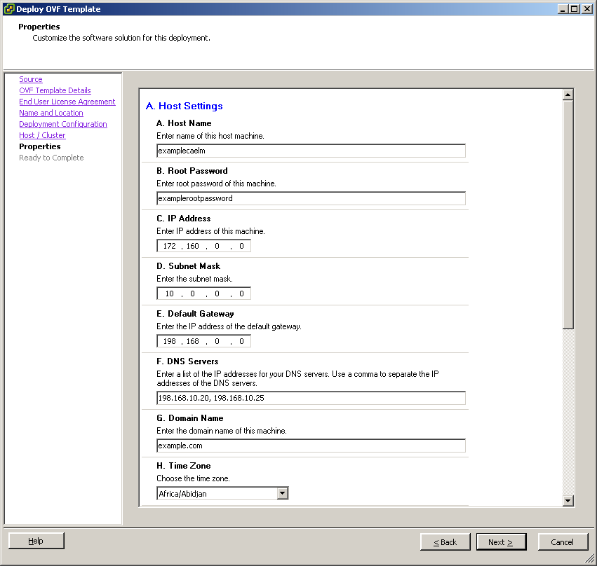 In the Host Settings frame of the Properties page, enter the values for each host setting.