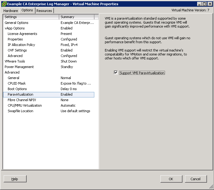 The selection of Paravirtualization setting in the left pane displays its details in the right pane. Select the Support VMI Paravirtualization option.