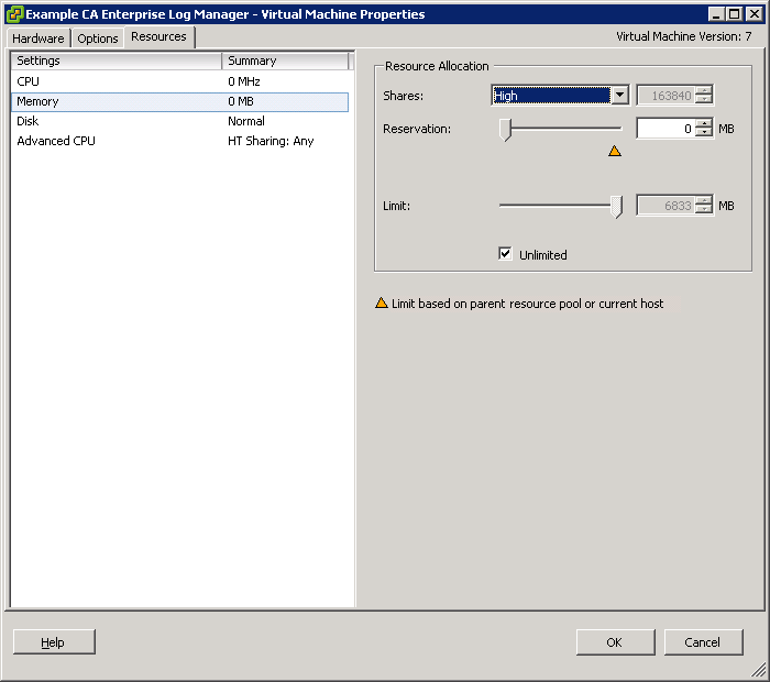 The selection of the Memory setting in the left pane displays its details in the right pane. Select High from the Shares drop-down.