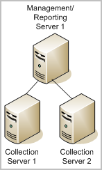 This diagram shows one Log Manager server with the roles of management and reporting at the top, acting as parent to two collection Log Manager servers underneath.