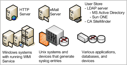 Before installation, your network may include an HTTP server, a user store, Windows and UNIX system, and various other applications, databases, and devices.