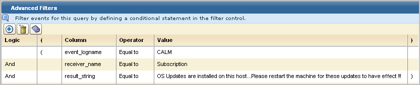 event_logname Equal to CALM AND receiver_name Equal to Subscription AND result_string Equal to OS Updates are installed on this host...Please restart the machine for these updates to have effect!!!