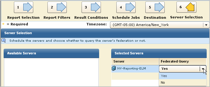 On the Schedule Reports wizard, server selection step, select yes for federated query.