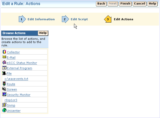 This picture shows the Edit a Rule wizard's edit action page with a list of actions in a separate pane on the left.