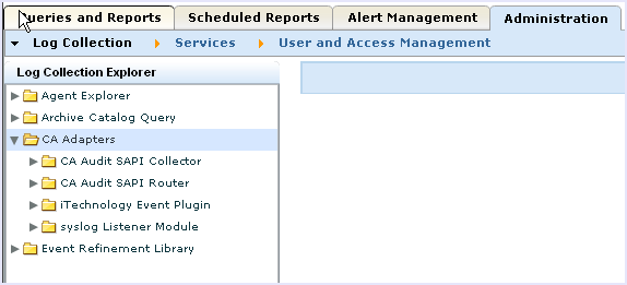 This picture shows the Administration tab with the Log Collection Explorer pane's options, and the CA Adapters expanded.