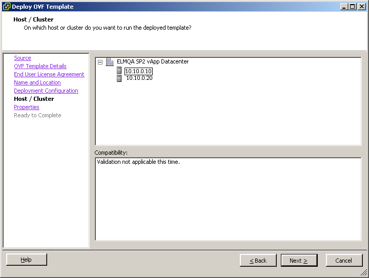 En la página Host / Cluster, seleccione la ubicación del clúster.