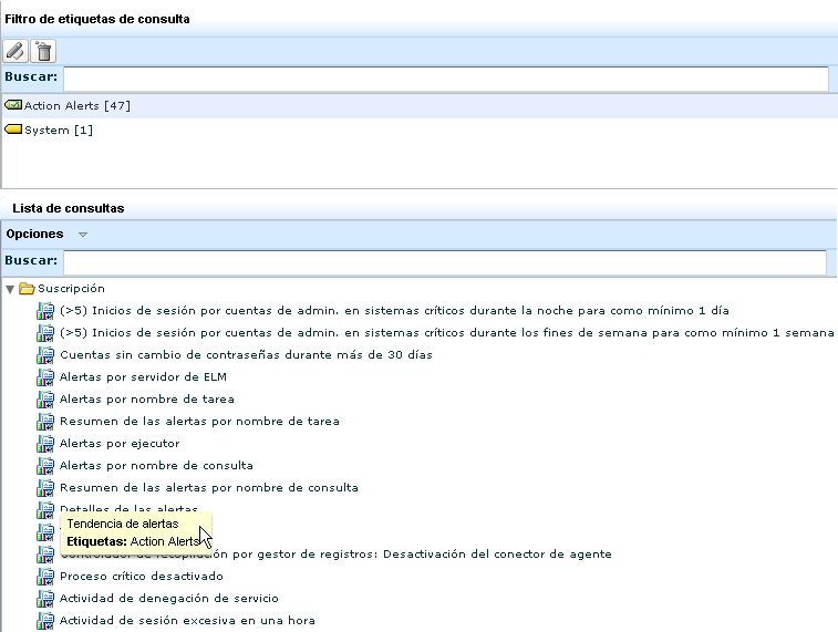 Las consultas etiquetadas con alertas de acción aparecen en lista de consultas cuando se selecciona la etiqueta de alertas de acción.
