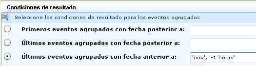 Último evento agrupado con una fecha anterior a 'ahora, '-1 hora'