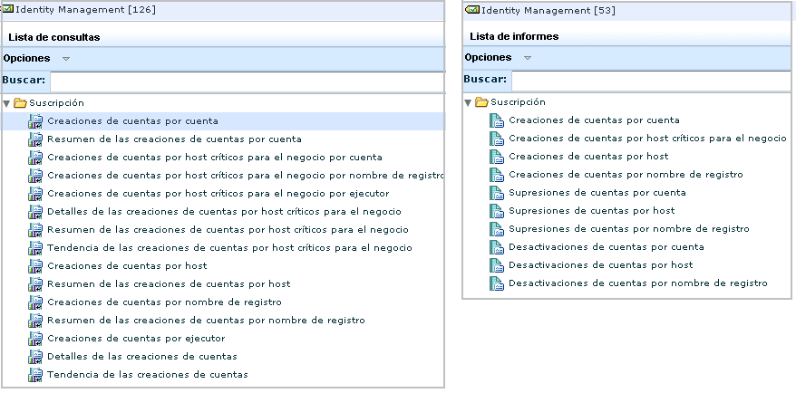 Vista en paralelo de la lista de informes y de la lista de consultas