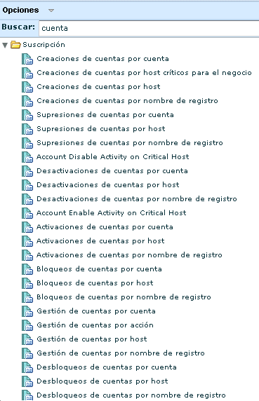 Lista de informes: visualización de búsqueda de informes de cuenta
