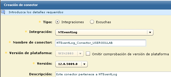 Seleccione NTEventLog como la integración. Introduzca un nombre de conector único mediante la anexión de un nombre de host de destino para la recopilación de registros basada en el host.