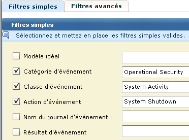 Ajoutez Classe d'événement : Activité du système et Action d'événement : Arrêt du système.