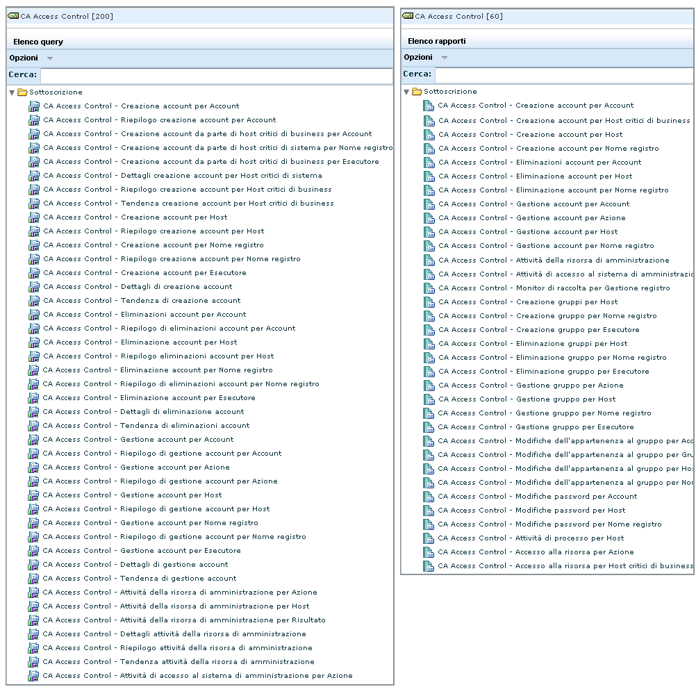 Visualizzazione affiancata degli elenchi Rapporto e Query.