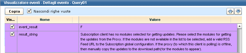 La stringa con i risultati mostra i dettagli dell'evento.