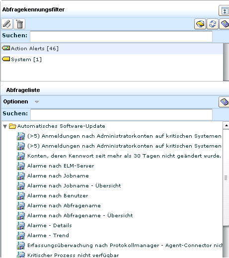 Überprüfen Sie die Liste der als "Aktionsalarme" gekennzeichneten Abfragen.