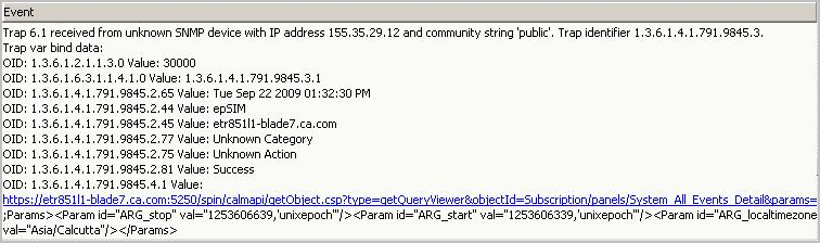 This screenshot depicts the format of a trap received by CA Spectrum from a CA Enterprise Log Manager alert.