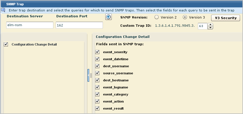 Fields for Configuration Change Detail include event_severity, event_datetime, dest_username, source_username, dest_hostname, event_logname, event_category, event_action, and event_result.