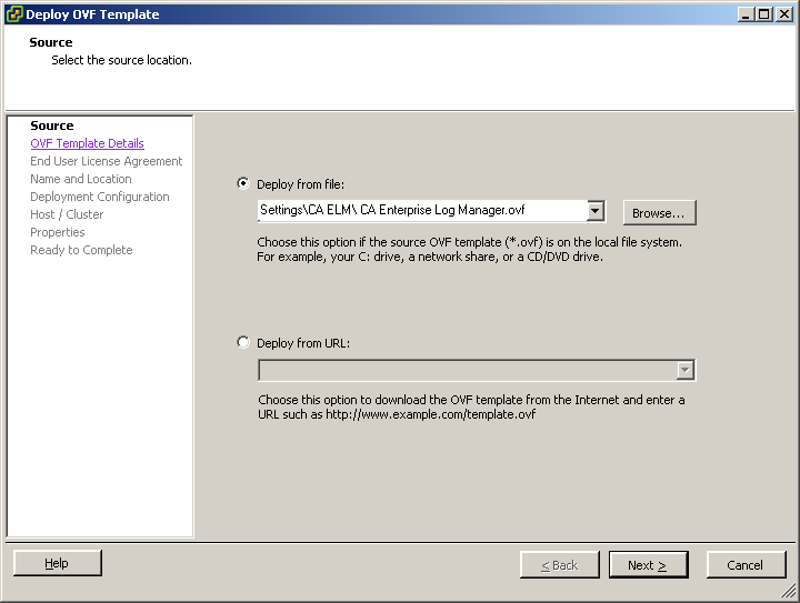 The Source page contains the Deploy from file radio button, and the Browse button to locate the OVF template stored on your local computer.