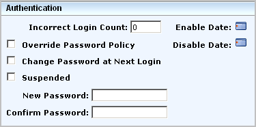 New User dialog - Authentication rights fields