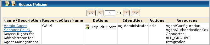 The Admin Agent Manage Policy grants Administrators the right to take the edit action ono the Agent Configuration, Agent Registration Key, Connector, ALL_GROUPS, and Integration resources.