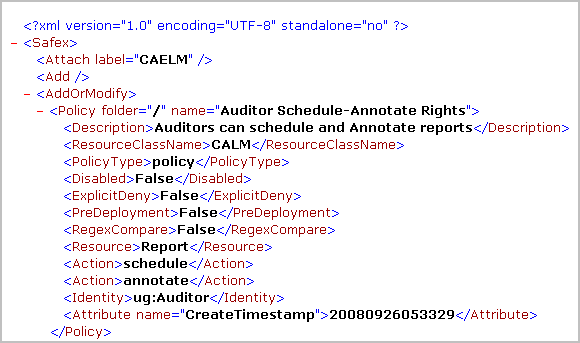 The XML file for exported CALM access policies contains definitions for each policy of that type within the tags Policy and /Policy.