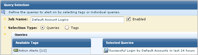 Complete the alert selection by adding the query to the tag.