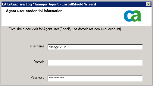 Agent Install wizard - User credential entry