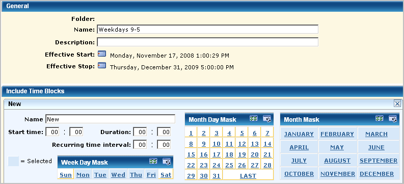 Calendar specifies 9  to 17 as time on a 24 hour closk with Monday through Friday selected.