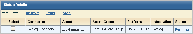 The status of the syslog connector on the default agents is shown as running.