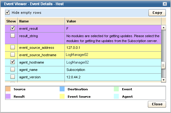 The event viewer displays the results.