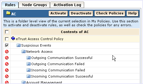 This picture shows the Rules tab with the Suspicious Events policy selected for checking and activation.