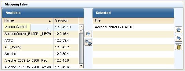 This picture shows the available and selected mapping files for the CA SAPI Collector service configuration.