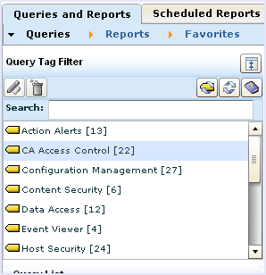 This picture shows the list of available tags in the Queries sub-tab, with the CA Access Control query tag highlighted.