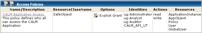 The CALMApplicationAccess policy grants read and write actions to default roles for Application Instance, Policy, User, and Global User resources.