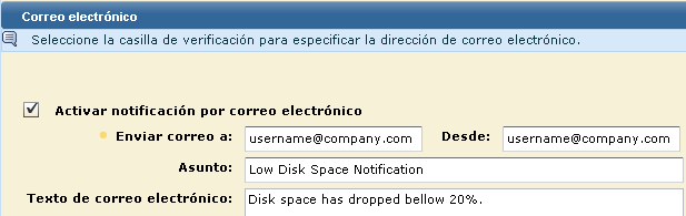 Pantalla que muestra las opciones de correo electrónico para la alerta de acción.