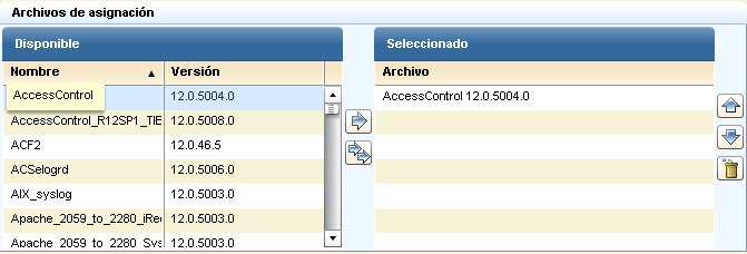 Esta imagen muestra los archivos de asignación seleccionados disponibles para la configuración del servicio del recopilador de SAPI de CA.