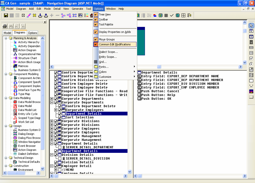 Navigation Diagram Window with Common Edit modifications secected from Options menu